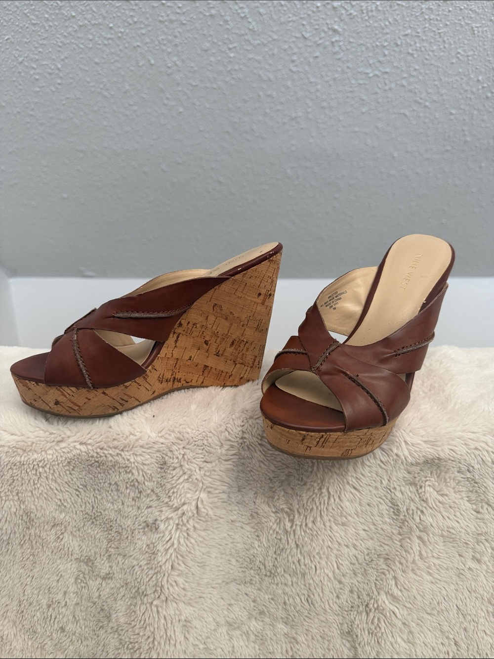 Nine West | Brown Faux Leather Cork Wedge Sandals | 7
